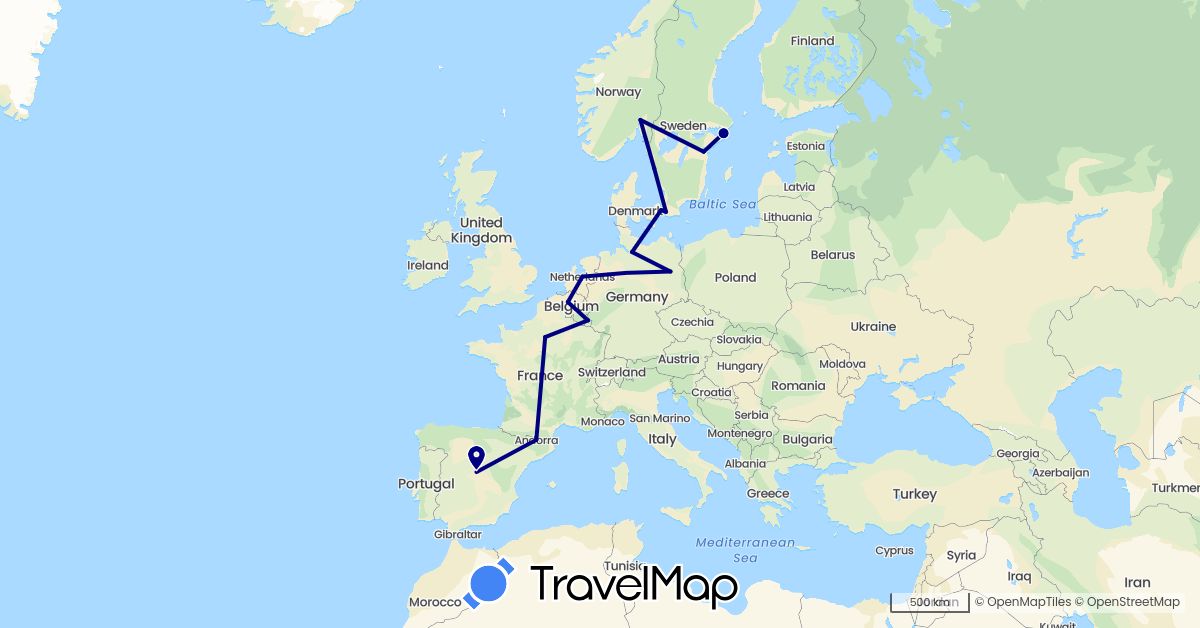 TravelMap itinerary: driving in Andorra, Belgium, Germany, Denmark, Spain, France, Luxembourg, Netherlands, Norway, Sweden (Europe)