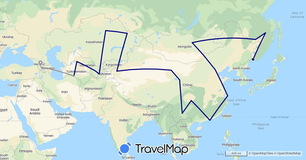 TravelMap itinerary: driving, plane in Armenia, China, Kazakhstan, Mongolia, Russia, Tajikistan, Turkmenistan, Uzbekistan (Asia, Europe)